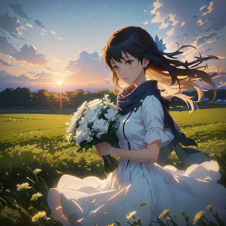 anime girl in a white dress holding a bouquet of flowers, ( ( makoto shinkai ) ), studio glibly makoto shinkai, makoto shinkai. digital render, makoto shinkai. —h 2160, anime visual of a cute girl, smooth anime cg art, beautiful anime, by Makoto Shinkai, by makoto shinkai