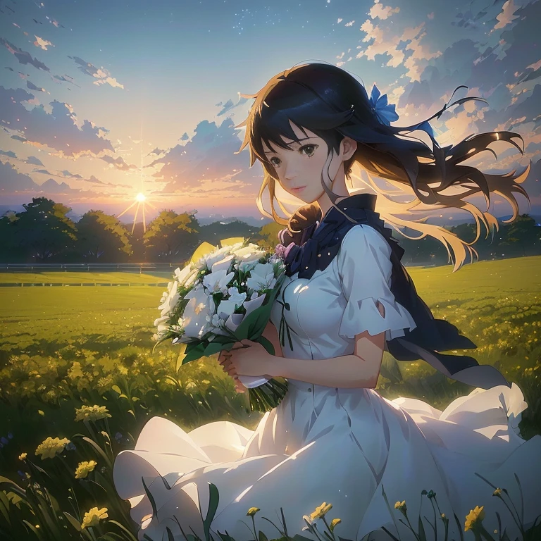 anime girl in a white dress holding a bouquet of flowers, ( ( makoto shinkai ) ), studio glibly makoto shinkai, makoto shinkai. digital render, makoto shinkai. —h 2160, anime visual of a cute girl, smooth anime cg art, beautiful anime, by Makoto Shinkai, by makoto shinkai