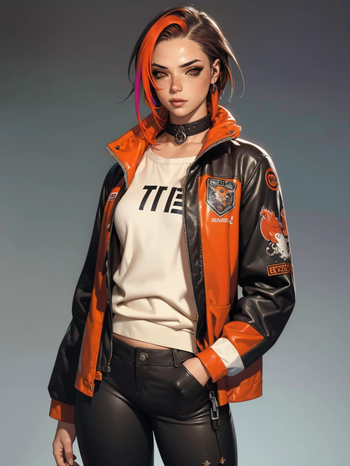 (((best qualityer))), (((manga strokes))), (((messy and colorful punk hair))), (((freckles))), uma Kizi jovem muito bem vestida com roupas modernas de inverno, wide pants with red and black zig-zag pattern, top gift vertical stripes, short jacket with dark fur collar, beautiful and expressive face, slightly-smile, big eyes with long black eyelashes, heavy make-up, chains and zippers spread across clothes, contrasting colours, pose de atitude, hair with a modern and futuristic cut, urban game poster art, dramatic camera angles, graffiti art elements in the background, design mixing contemporary and retro by Shepard Fairey, (((cowboy shot))), (((best qualityer: 1.4))), (Unbeatable masterpiece), (hiper HD),(CG 8k hyper-realistic), Kizi, (((standing alone))), pirralha violent, (((14歳))), sexly, pose de atitude, work of art, post-apocalypse, (((manga style))), bounty hunter, violent, Manic, the way you want, slenderbody, thin but strong, perfectbody, roupa moderna, advanced technology, neon, sleeves with vertical striped pattern, neutral background, (( cowboy shot )). intricate visual