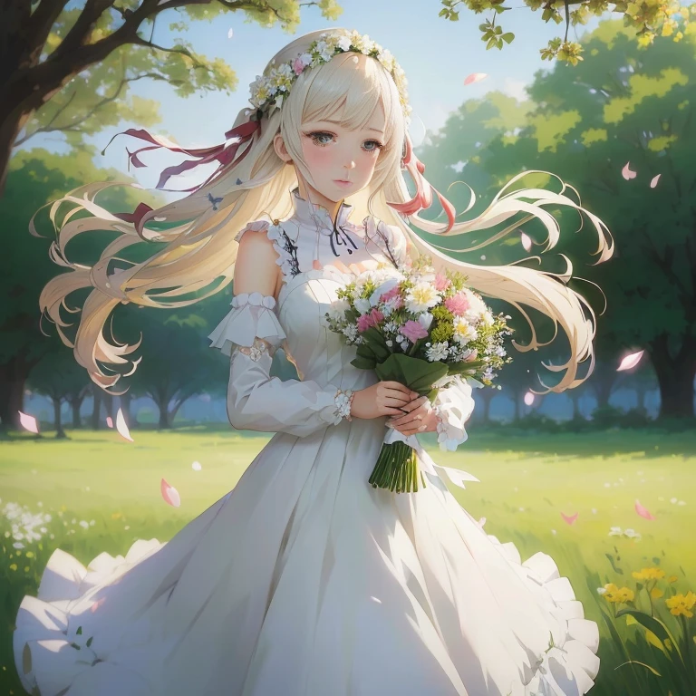 anime girl in white dress holding a bouquet of flowers in a field, loli in dress, cushart krenz key art feminine, smooth anime cg art, guweiz on pixiv artstation, official art, made with anime painter studio, guweiz on artstation pixiv, cute anime waifu in a nice dress