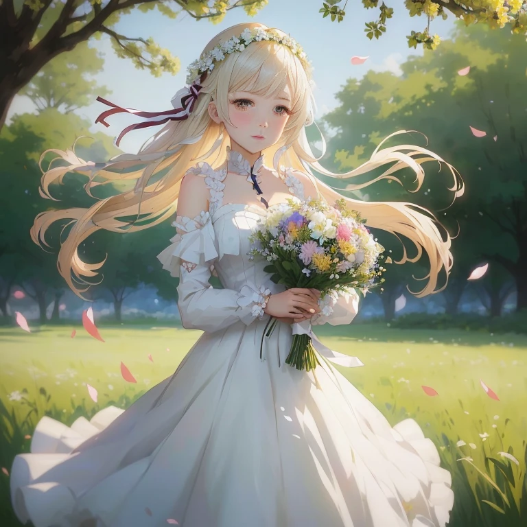 anime girl in white dress holding a bouquet of flowers in a field, loli in dress, cushart krenz key art feminine, smooth anime cg art, guweiz on pixiv artstation, official art, made with anime painter studio, guweiz on artstation pixiv, cute anime waifu in a nice dress