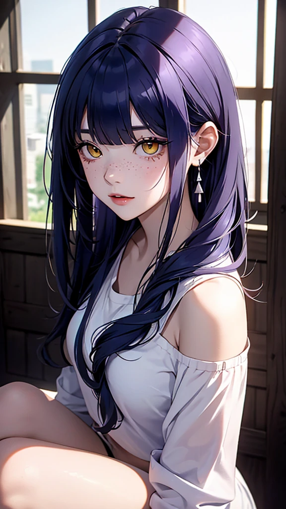 anime girl 20 years old with narrow yellow eyes, a smoll mole under the eye, bruises under the eye, inconspicuous freckles on the nose, straight dark purple-blue hair below the shoulders, oblique long bangs covering the left eye, pale skin, tired look, breasts of the second size, low height, 4k
