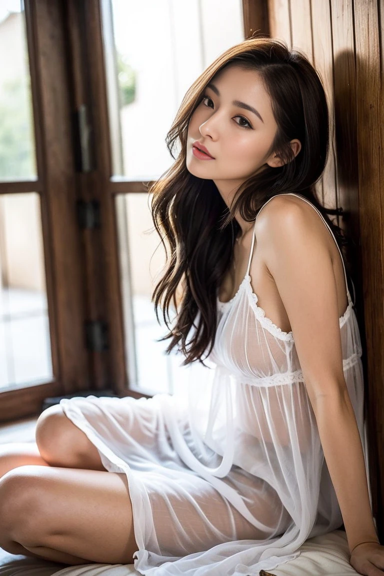 Dark brown hair、Light brown eyes、Japanese actress、 Lady、I am about 40 years old.....、(Intricate details:1.2)、(Which is more expensive?????:1.4)、 (Ultra-high resolution:1.2)、Ultra-high resolution、(fine adjustment)、(Detailed facial features)、Hmph、8k解像度、D cup size breasts、Long Hair、Large windows、Extravagant space、relax、、,Full body photo、Head to toe shot、Beautiful feet、Camisole dress、Beautiful feet、Airy, Sunny bedroom、On the bed、she, household items, (plant:0.8), Fashion Hub, Very detailedな, Very detailed, Realistic, Hourglass Shaped Body, Obscene pose,、、私 cry a lot、tears、person on the left、White wall、White floor、diagonally from below、please lift your chin、Press your butt against the wall、relaxした表情、Pose of Weakness、(auraroid photo:1.2)、From outside the window、Transparent painting、8k、32K、Highest quality、(Details of both eyes)、1 girl、elegant、(Loose dress :1.4)、sunset、sit、(Low - Angle、I looked up and saw this:1.2)、Hilarious、Leaning against a wall、Looking into the camera、