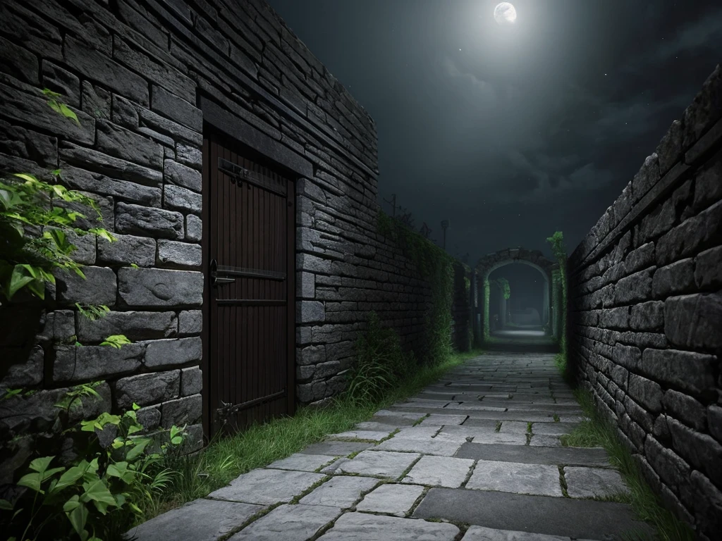 stone wall,blind alley,high wall,dead end,midnight,absolutely darkness,realistic picture
