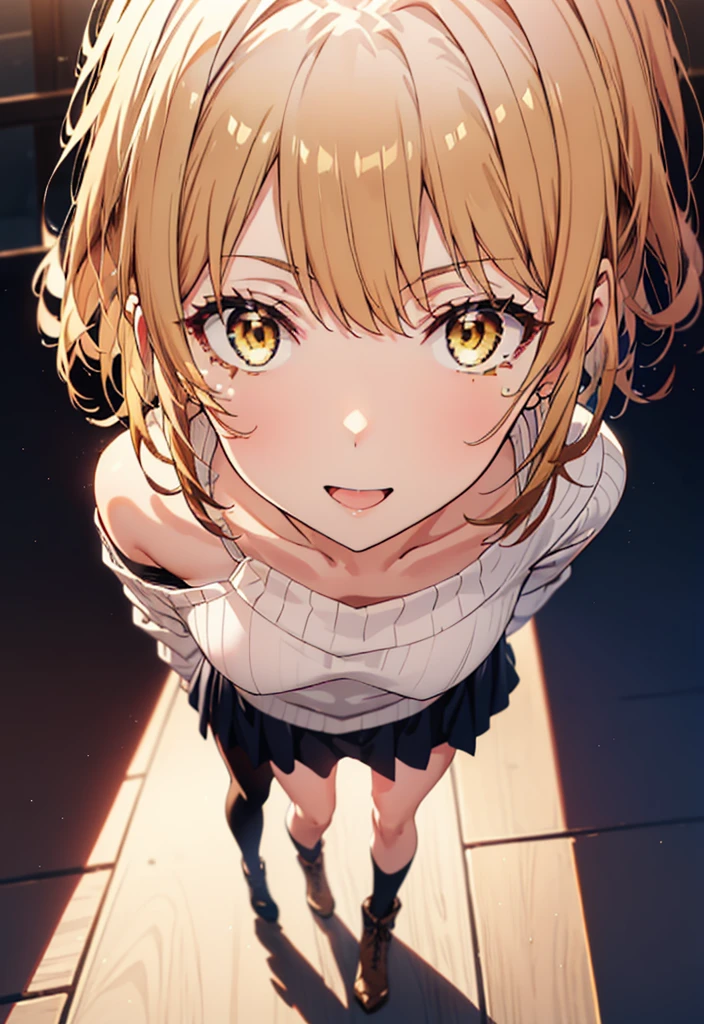 Irohaisshiki, isshiki iroha, Short Hair, Brown Hair, (Brown eyes:1.5), happy smile, smile, Open your mouth,Yellow one-shoulder sweater,mini skirt,black tights,short boots,morning,morning陽,The rising sun,whole bodyがイラストに入るように,walk,
break outdoors, ビル街
break looking at viewer,whole body,
break (masterpiece:1.2), Highest quality, High resolution, unity 8k wallpaper, (shape:0.8), (Beautiful details:1.6), Highly detailed face, Perfect lighting, Highly detailed CG, (Perfect hands, Perfect Anatomy),
