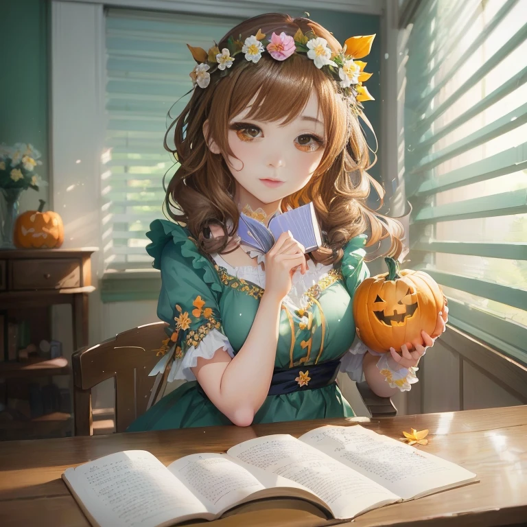 anime girl with a flower crown holding a pumpkin and a book, marin kitagawa fanart, kawaii realistic portrait, kawacy, render of april, anime moe artstyle, smooth anime cg art, anime visual of a cute girl, high quality portrait, 🍂 cute, artwork in the style of guweiz, painted in anime painter studio, splash art anime