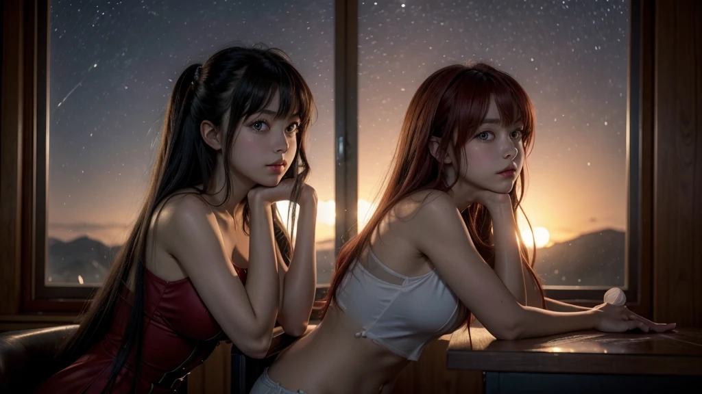 A unique and diverse rendering of a girl with the style of Rias Gremori from the anime High School DxD, gazing out the window at a beautiful moonlit night.