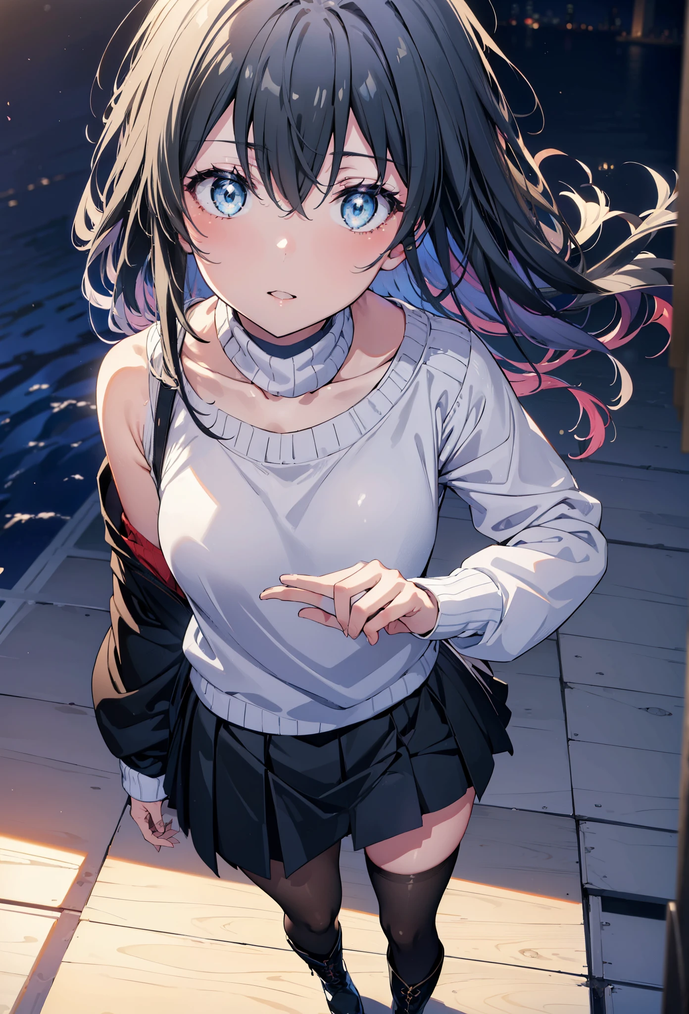 Yukino, yukino yukinoshita, Black Hair, blue eyes,smile, Long Hair, Ahoge,One-shoulder sweater,mini skirt,Black tights,short boots,whole bodyがイラストに入るように,morning,morning陽,The sun is rising,Walking,
break looking at viewer,whole body,
break outdoors, Building district,
break (masterpiece:1.2), Highest quality, High resolution, unity 8k wallpaper, (shape:0.8), (Beautiful and beautiful eyes:1.6), Highly detailed face, Perfect lighting, Highly detailed CG, (Perfect hands, Perfect Anatomy),