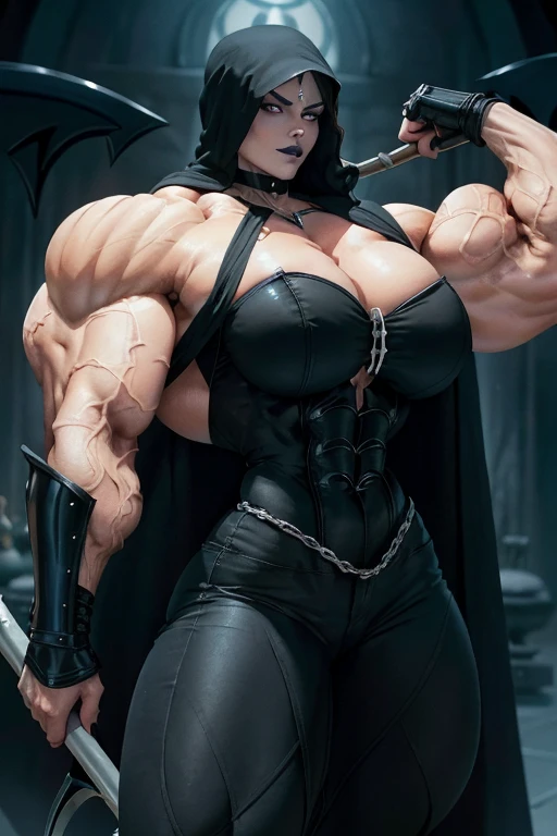 (((Close-up))), tall, (royal blue hair) beautiful muscular female grim reaper, long curly wavy hair, pale white skinned, closed smile, large breast, (black lipstick), (massive muscles), (hyper muscle), ((ginormous bulky muscles)), white eyes, (((black reaper cloak))), (black jeans), ((holding a crescent scythe)), gauntlets, choker, boots, (in a dark realm)