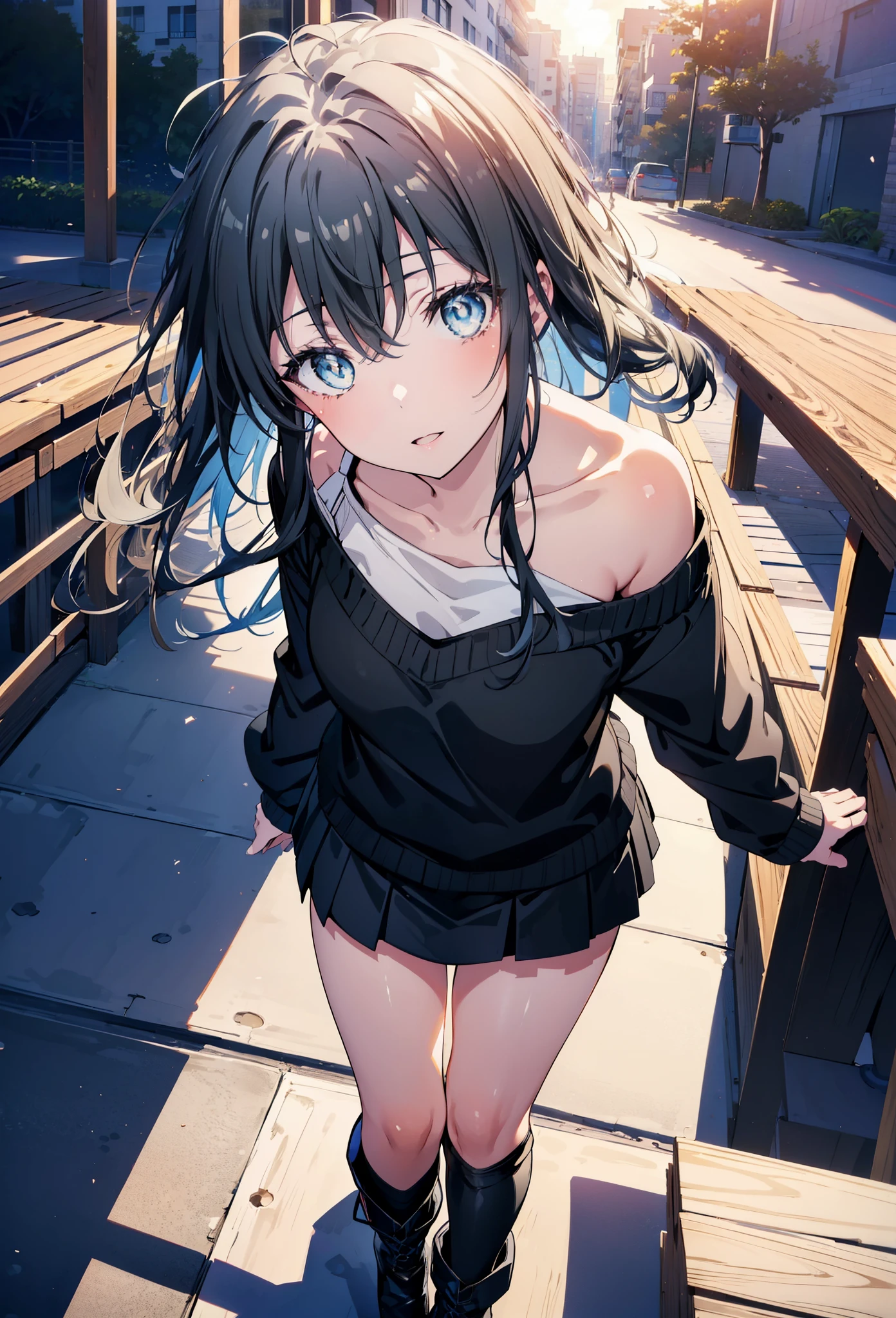 Yukino, yukino yukinoshita, Black Hair, blue eyes,smile, Long Hair, Ahoge,One-shoulder sweater,mini skirt,Black tights,short boots,whole bodyがイラストに入るように,morning,morning陽,The sun is rising,Walking,
break looking at viewer,whole body,
break outdoors, Building district,
break (masterpiece:1.2), Highest quality, High resolution, unity 8k wallpaper, (shape:0.8), (Beautiful and beautiful eyes:1.6), Highly detailed face, Perfect lighting, Highly detailed CG, (Perfect hands, Perfect Anatomy),