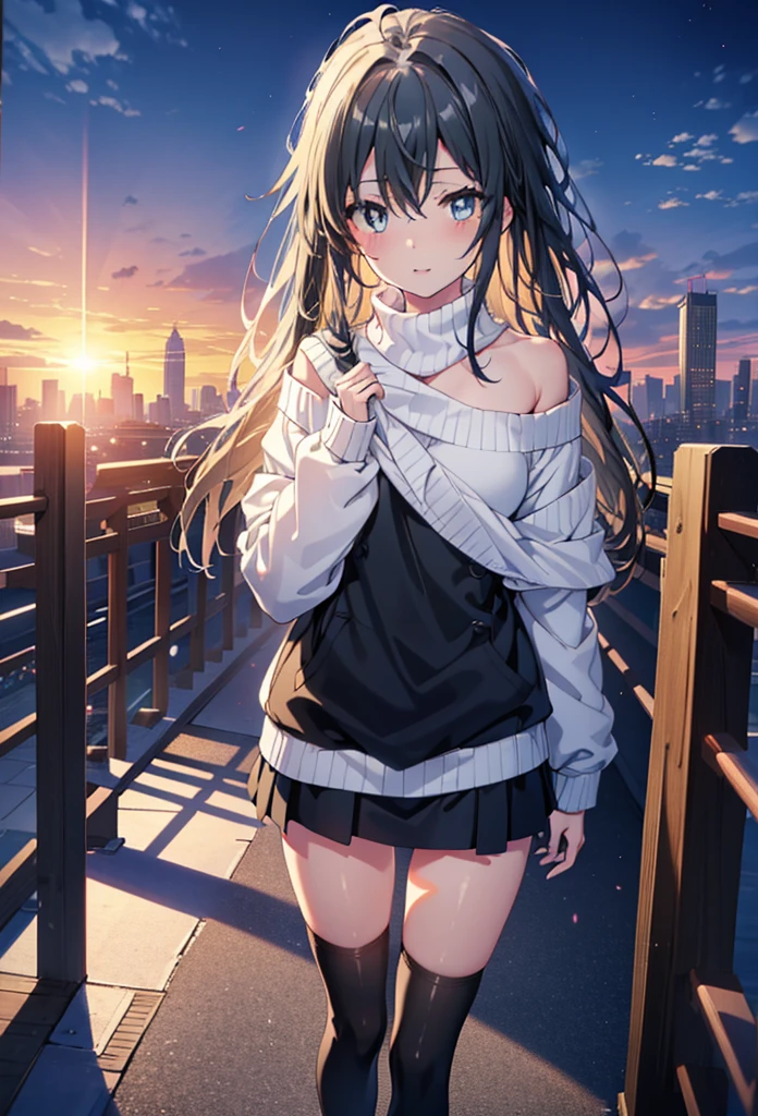 Yukino, yukino yukinoshita, Black Hair, blue eyes,smile, Long Hair, Ahoge,One-shoulder sweater,mini skirt,Black tights,short boots,whole bodyがイラストに入るように,morning,morning陽,The sun is rising,Walking,
break looking at viewer,whole body,
break outdoors, Building district,
break (masterpiece:1.2), Highest quality, High resolution, unity 8k wallpaper, (shape:0.8), (Beautiful and beautiful eyes:1.6), Highly detailed face, Perfect lighting, Highly detailed CG, (Perfect hands, Perfect Anatomy),