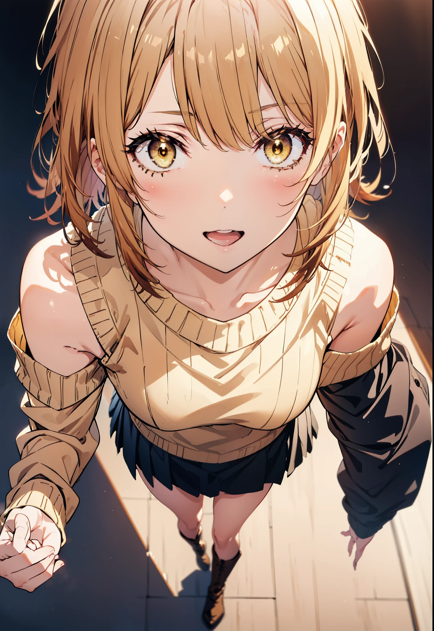 Irohaisshiki, isshiki iroha, Short Hair, Brown Hair, (Brown eyes:1.5), happy smile, smile, Open your mouth,Yellow one-shoulder sweater,mini skirt,black tights,short boots,morning,morning陽,The rising sun,whole bodyがイラストに入るように,walk,
break outdoors, ビル街
break looking at viewer,whole body,
break (masterpiece:1.2), Highest quality, High resolution, unity 8k wallpaper, (shape:0.8), (Beautiful details:1.6), Highly detailed face, Perfect lighting, Highly detailed CG, (Perfect hands, Perfect Anatomy),