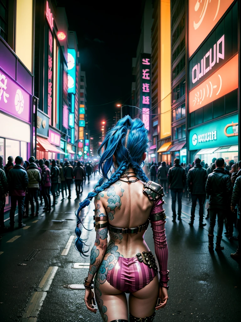 ((Jinx wears a Harajuku Tech costume), Cowboy-shot, wind, tousled hair, cyberpunk cityscape, (Aesthetics and atmosphere:1.2, Super wide shot, crazy laugh, from the back