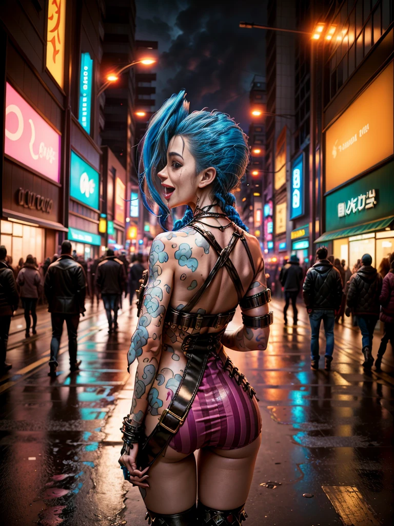 ((Jinx wears a Harajuku Tech costume), Cowboy-shot, wind, tousled hair, cyberpunk cityscape, (Aesthetics and atmosphere:1.2, Super wide shot, crazy laugh, from the back

