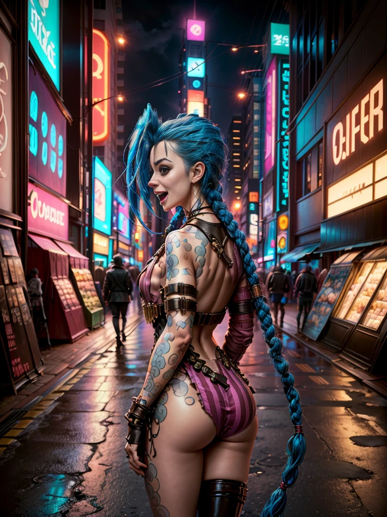 ((Jinx wears a Harajuku Tech costume), Cowboy-shot, wind, tousled hair, cyberpunk cityscape, (Aesthetics and atmosphere:1.2, Super wide shot, crazy laugh, from the back

