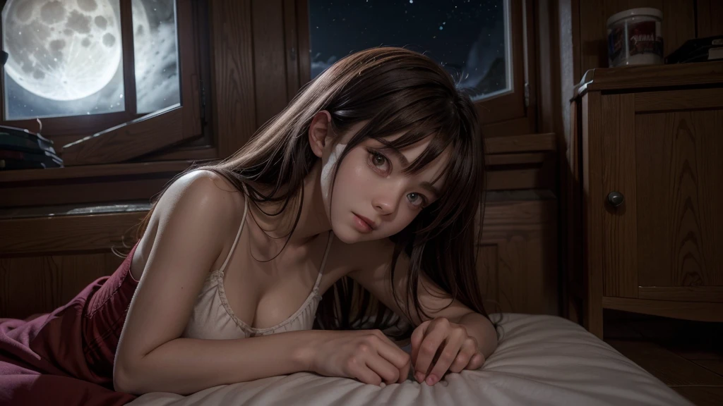 Get ready to be amazed by the creative and visually descriptive image of a girl with the iconic style of Rias Gremori, from the popular anime High School DxD, admiring the stunning moon through her window.