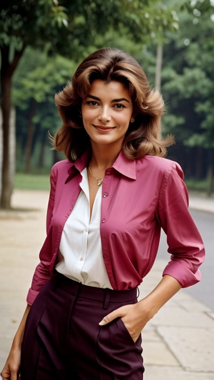 Anouk Aimée wearing a low-cut shirt and elegant colored pants and smiling