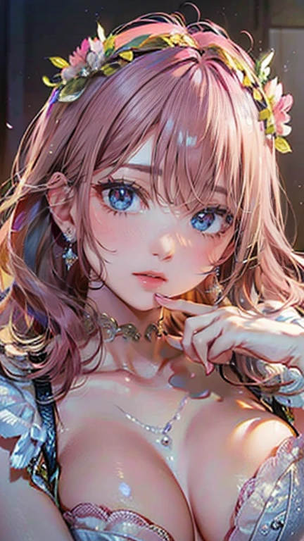 (masterpiece, Highest quality:1.3), (Very detailed:1.2), (hyperRealistic:1.3), (RAW Photos:1.2), High resolution raw color photos, Professional photos, (PhotoRealistic:1.4), (Realistic:1.4), (Pink Hair:1.5), Professional Lighting, Perfect Anatomy, (Big Breasts:1.2), (blush, Detailed face), (Smile:1.7), sexy, erotic sexy, ランダムなsexyなグラビアポーズ, (ホワイトゴールドのオフショルダーのサンドレスを着たAngel、so beautiful、Wearing a flower crown and smiling gracefully in a flower field、Pearl Earrings、Pose picking flowers。:1.3)、大Angelラファエル、big white feathers on the back、Angel、大Angelの姿、Angel、holding a pink rose in hand