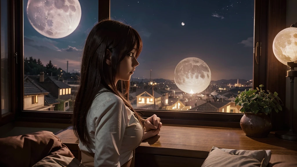 Get ready to be amazed by the creative and visually descriptive image of a girl with the iconic style of Rias Gremori, from the popular anime High School DxD, admiring the stunning moon through her window.
