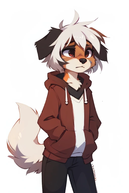 (((White background, no background))), High quality, 8K, by kenket, by swaybat, by reysi, by Zackary911, by hyattlen, by teranen, by fumiko, by Pixelsketcher, by Bayard Wu, by Einshelm, by Kilinah, by Hioshiru, by fluff-kevlar, by Dimwitdog, Furry, Anthro, solo, ((australian shepard)), ((female)), ((young)), fluffy tail, ((slender)), ((short white hair)), chest fluff, short, small breasts, oversized long hoodie, frown, depressed