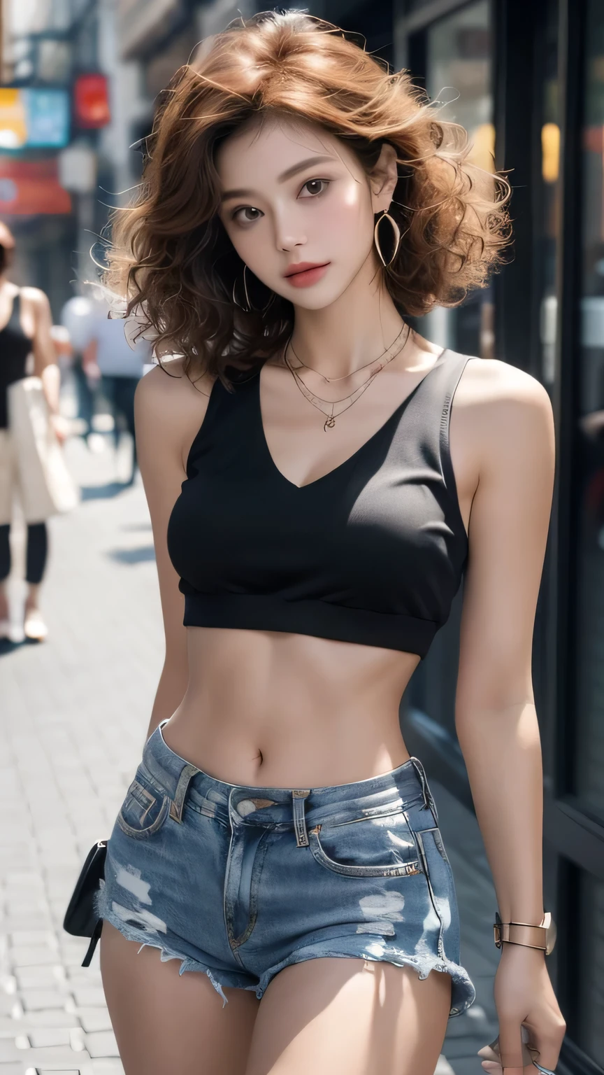 D CUP breasts, sunlight, Sunlight, (chiseled abs : 1.1), (Perfect body : 1.1), (short curly hair : 1.2) , auburn hair, collar, chain, full-body shot, crowded streets, Wearing a black vest, jean jacket, ((shorts)), (Extremely detailed CG 8k wallpaper), (extremely delicate and beautiful), (masterpiece), (best quality:1.0), (ultra high resolution:1.0),  beautiful lights ,perfect lightning, Realistic shadows, [high resolution], Delicate skin, Super detailed