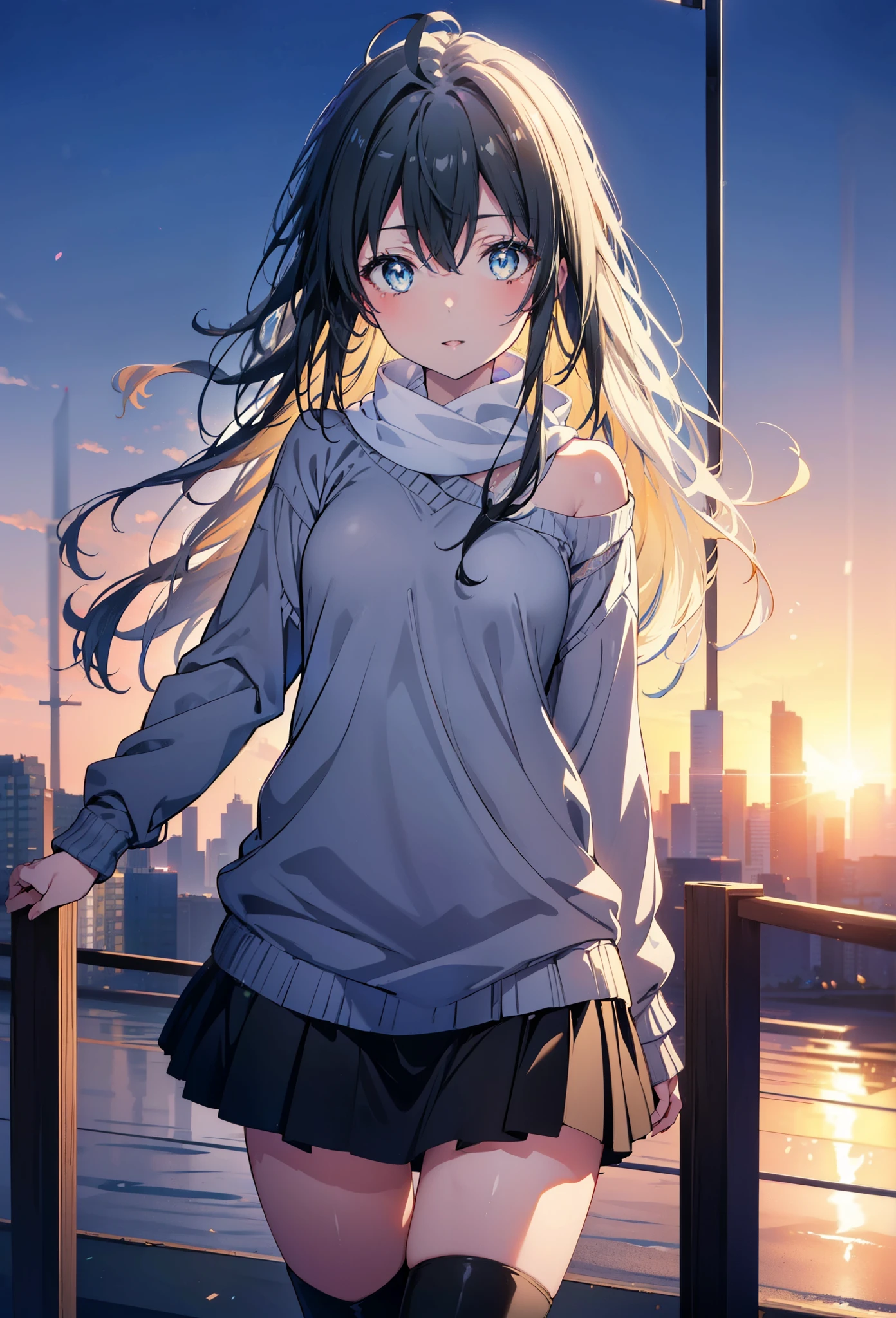 Yukino, yukino yukinoshita, Black Hair, blue eyes,smile, Long Hair, Ahoge,One-shoulder sweater,mini skirt,Black tights,short boots,whole bodyがイラストに入るように,morning,morning陽,The sun is rising,Walking,
break looking at viewer,whole body,
break outdoors, Building district,
break (masterpiece:1.2), Highest quality, High resolution, unity 8k wallpaper, (shape:0.8), (Beautiful and beautiful eyes:1.6), Highly detailed face, Perfect lighting, Highly detailed CG, (Perfect hands, Perfect Anatomy),