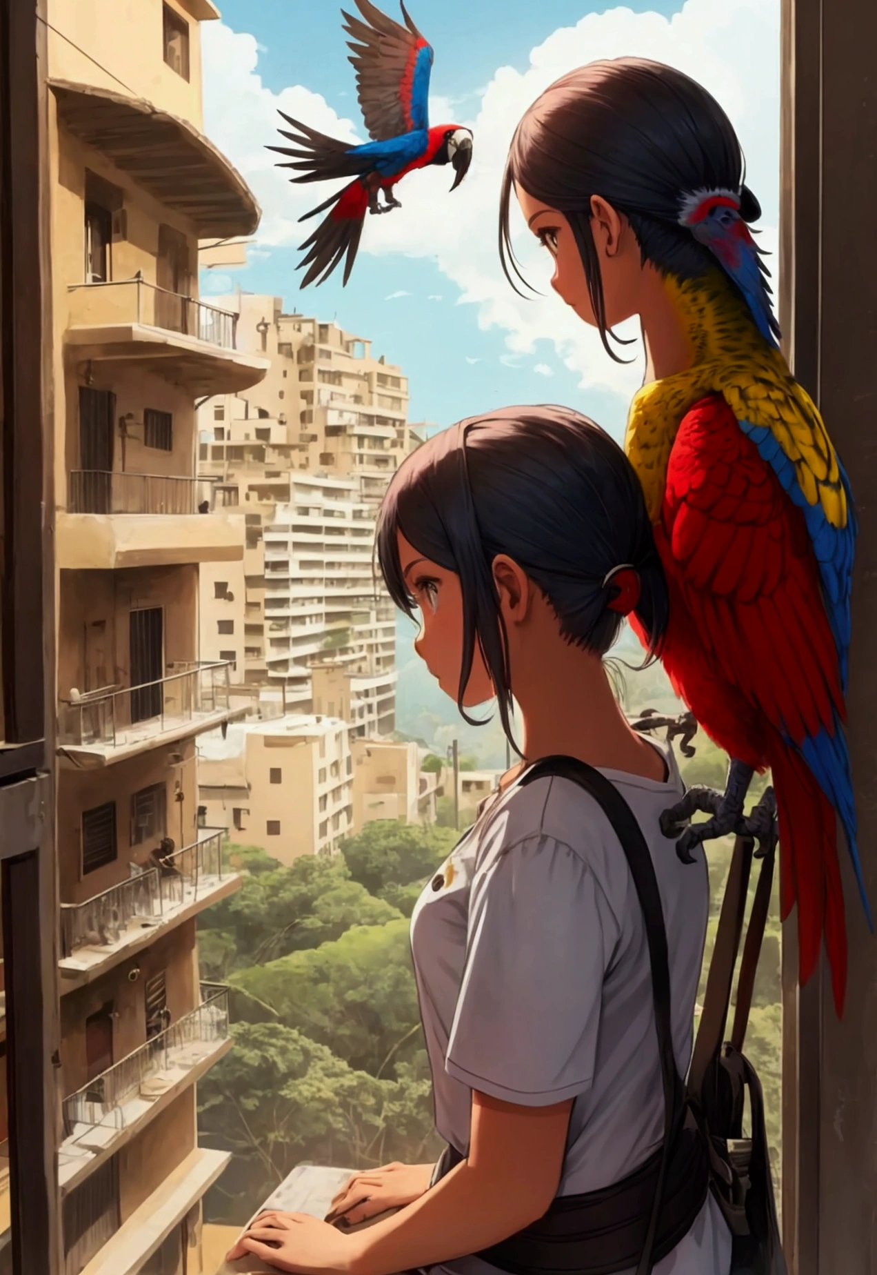 girl in caracas venezuela and macaws flying looking out the window
