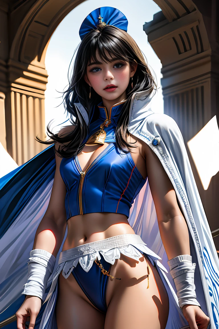 masterpiece, 最high quality, high quality, 1 girl, alone, Female focus, Watching the audience, Messy black hair, Adorable big blue eyes, White, Noble, Noble,Sexy Bomber Cape、A very voluminous, large, very large, very large, long, long red and black cape with a high stand-up collar, made of a lot of fabric that reaches down to the floor., 23 years old,Cute beautiful girls,Cute, cute, kind, pretty girl