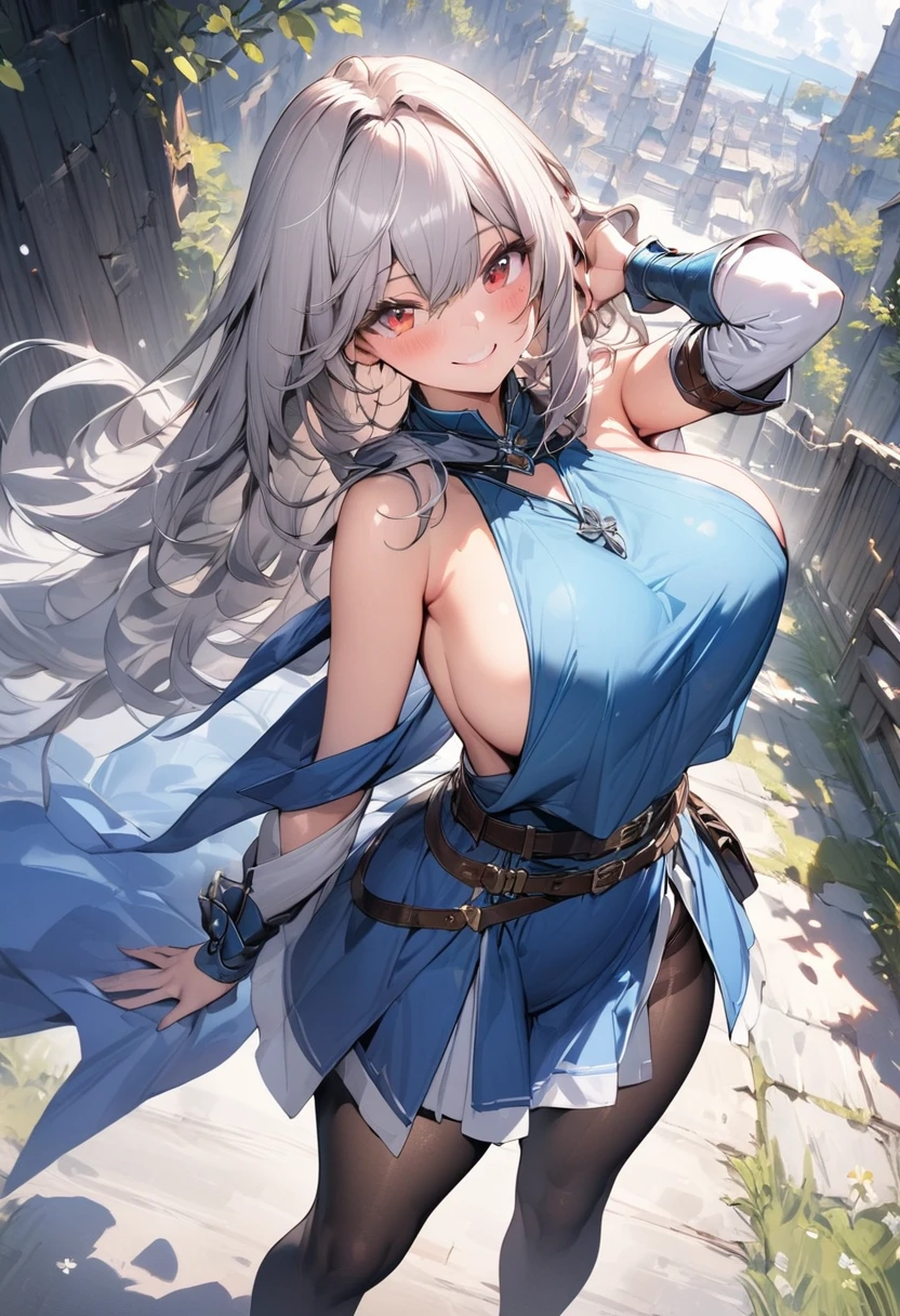 (masterpiece),(best quality),(ultra-detailed),(best illustration),(best shadow),(absurdres),(detailed background),(very aesthetic), Swordmaster, long hair, gray hair, red eyes, perfect face, blue_armor, ((exposed arm)), blue_ornaments, blue_tabard, thong, belt, ((big tits)), exposed belly, smiling, 1girl, legs exposed, strikes, Perfect face, thick thighs, ,add_detail:1, add_detail:0, add_detail:0.5, short skirt, pantyhose,
