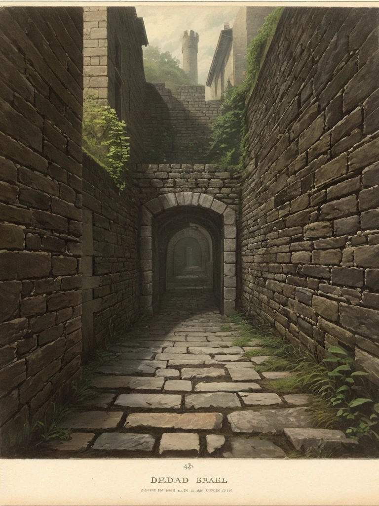 stone wall,blind alley,high wall,dead end,no passage,midnight,absolutely darkness,realistic picture,19th century