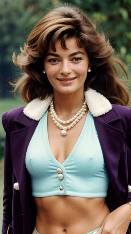 Anouk Aimée wearing a pearl-colored vest and thong and smiling