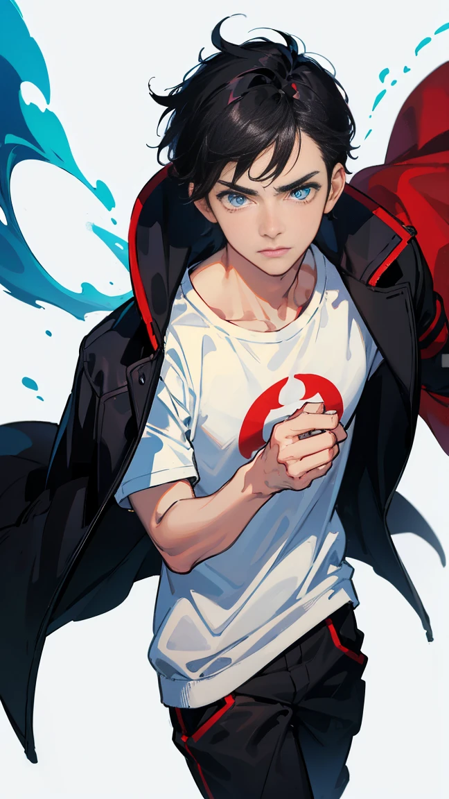 1 man, boy hair, short hair, black hair, red jacket sweatshirt jacket, blue eyes, white t-shirt, black pants, smoking, (masterpiece), best quality, expressive eyes, perfect face, white background, bright eyes, fullbody, fury ears, 