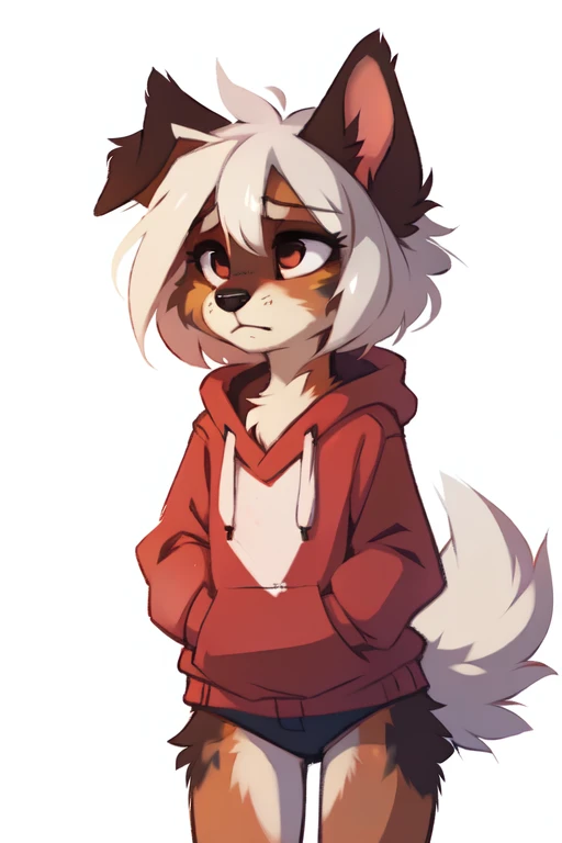 (((White background, no background))), High quality, 8K, by kenket, by swaybat, by reysi, by Zackary911, by hyattlen, by teranen, by fumiko, by Pixelsketcher, by Bayard Wu, by Einshelm, by Kilinah, by Hioshiru, by fluff-kevlar, by Dimwitdog, Furry, Anthro, solo, ((australian shepard)), ((female)), ((young)), fluffy tail, ((slender)), ((short white hair)), chest fluff, short, small breasts, pink panties, oversized long hoodie, frown, depressed