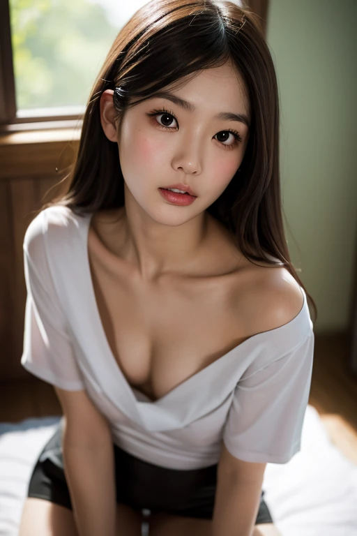 Professional photo-realistic images。Sunny day in the park、slouch、　Small breasts、　Cute woman、　Nipples are visible、　T-Shirts　nsfw