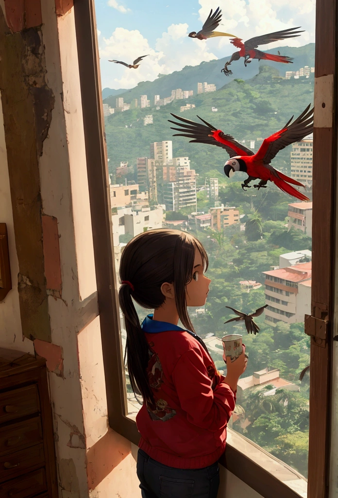 girl in caracas venezuela and macaws flying looking out the window