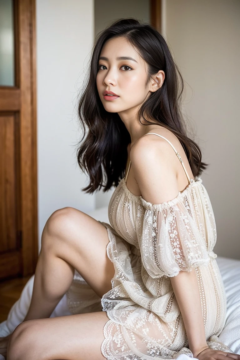 Dark brown hair、Light brown eyes、Japanese actress、 Lady、I am about 40 years old.....、(Intricate details:1.2)、(Which is more expensive?????:1.4)、 (Ultra-high resolution:1.2)、Ultra-high resolution、(fine adjustment)、(Detailed facial features)、Hmph、8k解像度、D cup size breasts、Long Hair、The window is open、Extravagant space、relax、、,Full body photo、Head to toe shot、Beautiful feet、Camisole dress、Beautiful feet、Airy, Sunny bedroom、On the bed、she, household items,   (plant:0.8), Fashion Hub, Very detailedな, Very detailed, Realistic, Hourglass Shaped Body, Obscene pose,、、私 cry a lot、tears、person on the left、White wall、White floor、diagonally from below、please lift your chin、Press your butt against the wall、relaxした表情、Pose of Weakness、(auraroid photo:1.2)、From outside the window、Transparent painting、8k、32K、Highest quality、(Details of both eyes)、1 girl、elegant、(Loose dress :1.4)、sunset、sit、(Low - Angle、I looked up and saw this:1.2)、Hilarious、Leaning against a wall、Looking into the camera、Hair blowing in the wind、Put your head on the wall、