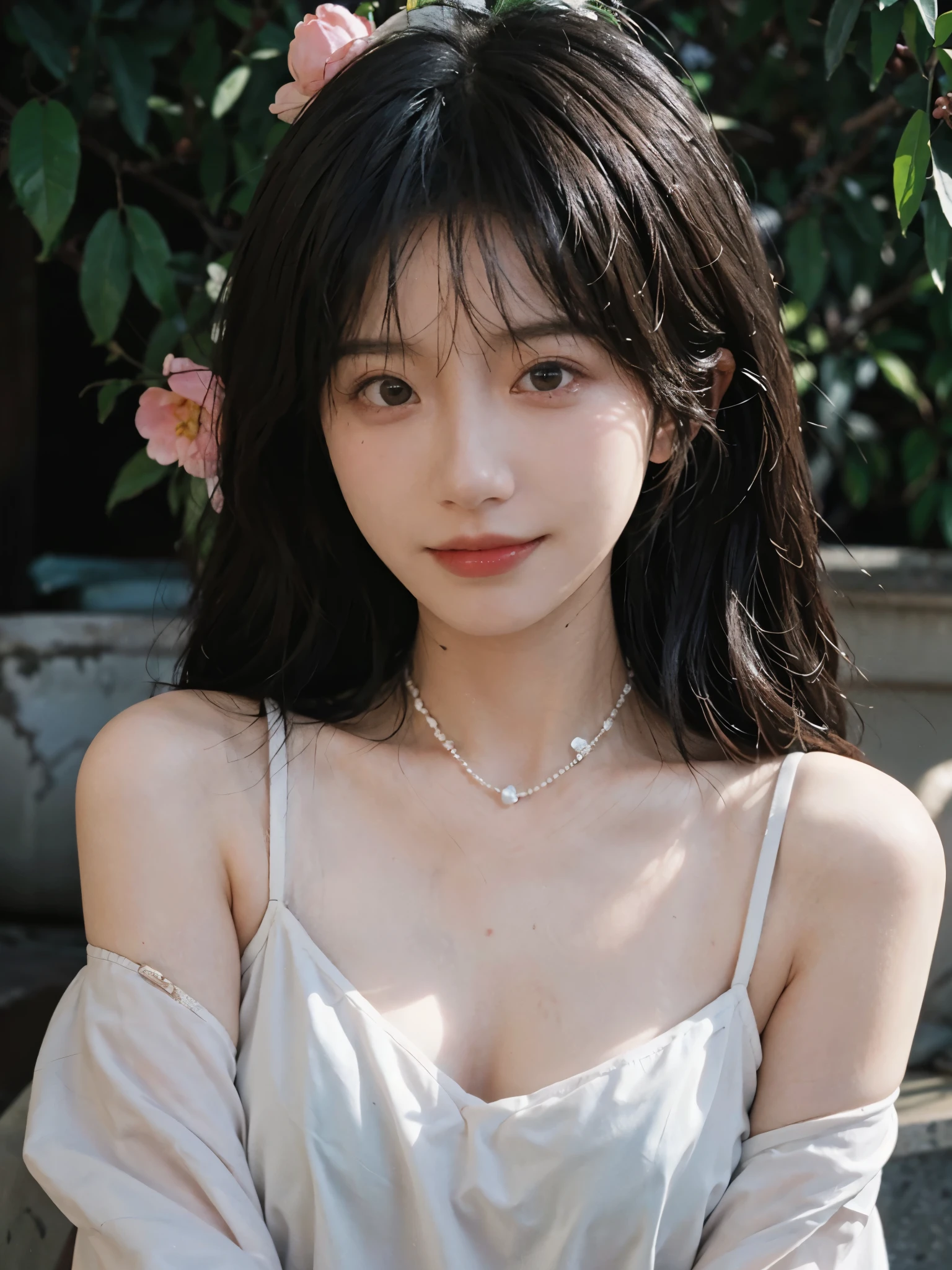 best qualtiy， Ultra-high resolution， （realisticlying：1.4），cute hairpin，Baoyu Girl，European style apartment，（flatchest：1.2） ，A pair of clear and moving peach blossom eyes,Royal Sister，sunshine on face，Big waves，（ln the forest：1.4），（choker necklace：1.2），（Fair skin：1.4），a sense of atmosphere，a beauty girl， ssmile，head straight-looking at viewer， closeup cleavage ，(Photorealistic:1.4),1girll,sexly,(Upper body:1.4),(Wet body),(:1.2)