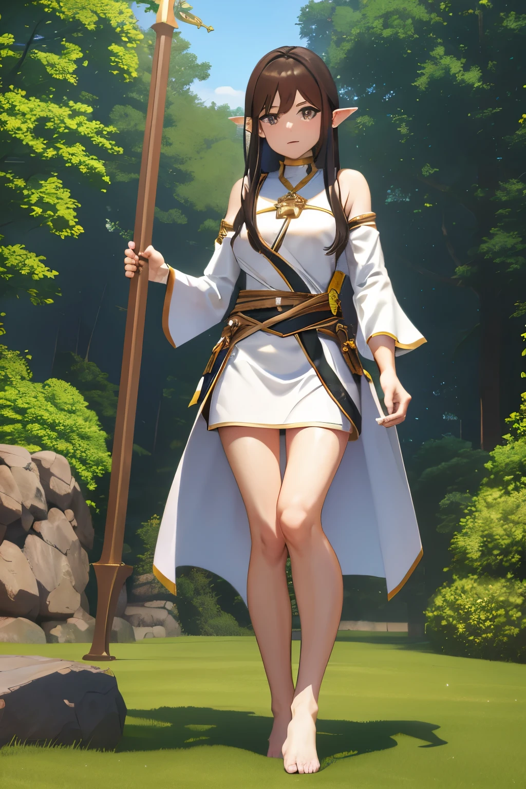 Dynamic shot of a skinny female healer standing calmly, facing you in battle, training grounds, dnd training grounds, large golden holy staff with a cross, beautiful female, half elf, brown eyes, flowy brown hair, healer class, brown eyes, stoic, profesional, dressed in white healer dress, relaxed, bare feet, small boobs and small butt, middle aged, training, outside, solid ground
