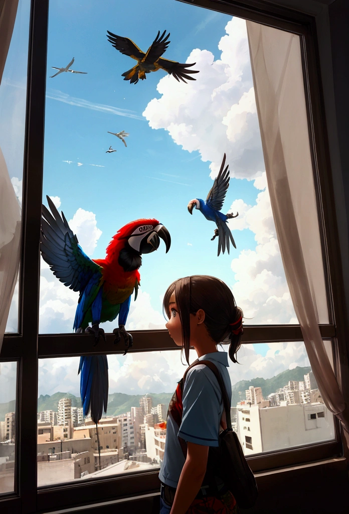 girl in caracas venezuela and macaws flying looking out the window