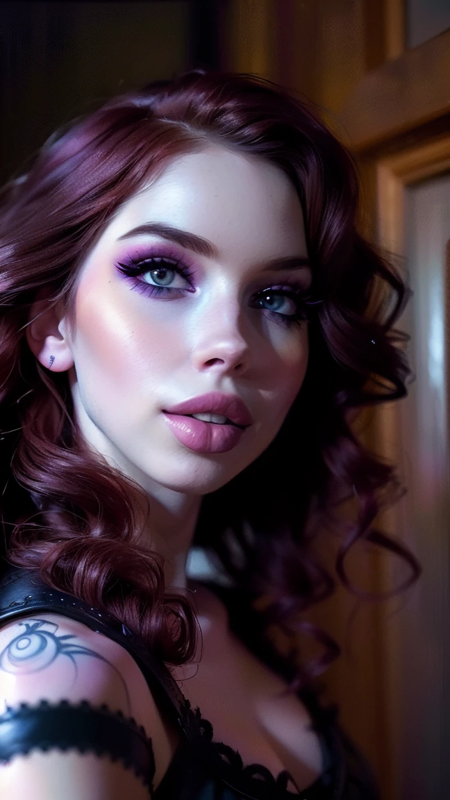(((ultra realistic))) Photo, masterpiece, top quality, (Pale skin), (Ultra detailed face and eyes.:1.3), 1 girl, adult, on a t-shirt, ((eye makeup, pink mascara)), ((smile)), ((big detailed lips)), ((rosa wavy hair)), ((Chiolka)) , (natural breasts), Thin waist. ((Posing)), Photoshoot, studio (Soft lighting), (The game of lights and shadows), depth of field, bokeh, (Special attention to leather details.: 1.2), detailed leather texture, skin pores. (Warm frame environment.. Color range: violet, rosa, blue tones), DR, ((film grain)), ((good heavens)), (Glare), ((portrait from the waist up)) , ultra detialed,