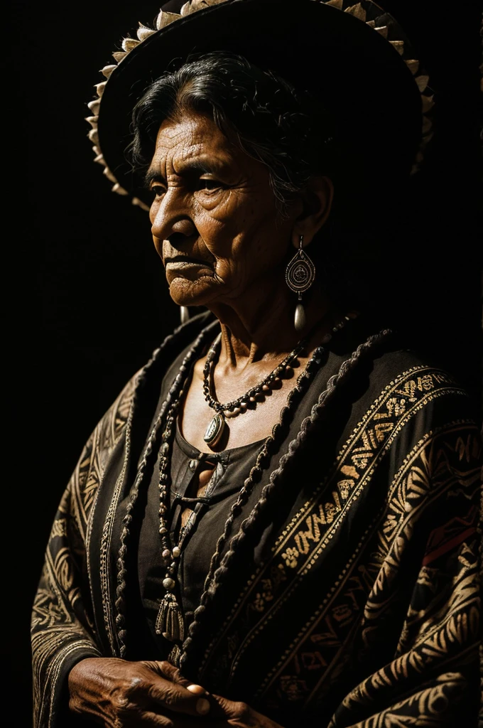 (the best lighting, high contrast, dark, dramatic),(indigenous old woman, mexican, maya,with a beautiful jaguar,). Luz Caravaggio"dark background, negro, high contrast, mexican embroidered clothing,