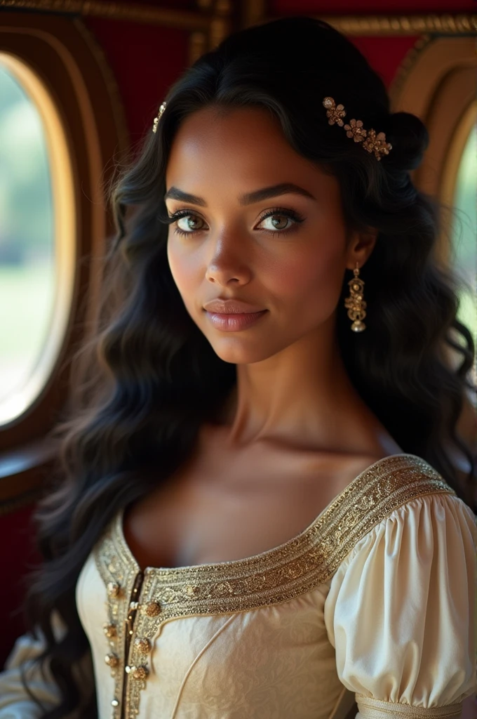 a young woman with dark brown skin, light blue eyes and long dark wavy hair, in a royal carriage wearing a chic medieval dress.