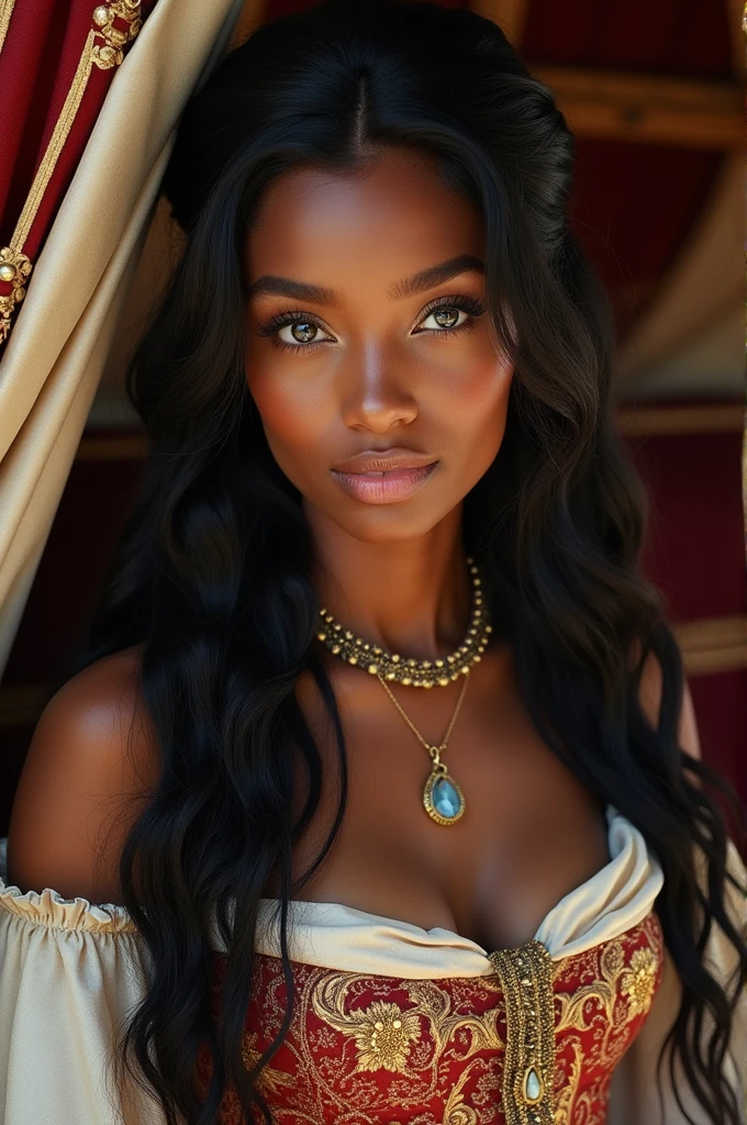 a young woman with dark brown skin, light blue eyes and long dark wavy hair, in a royal carriage wearing a chic medieval dress.