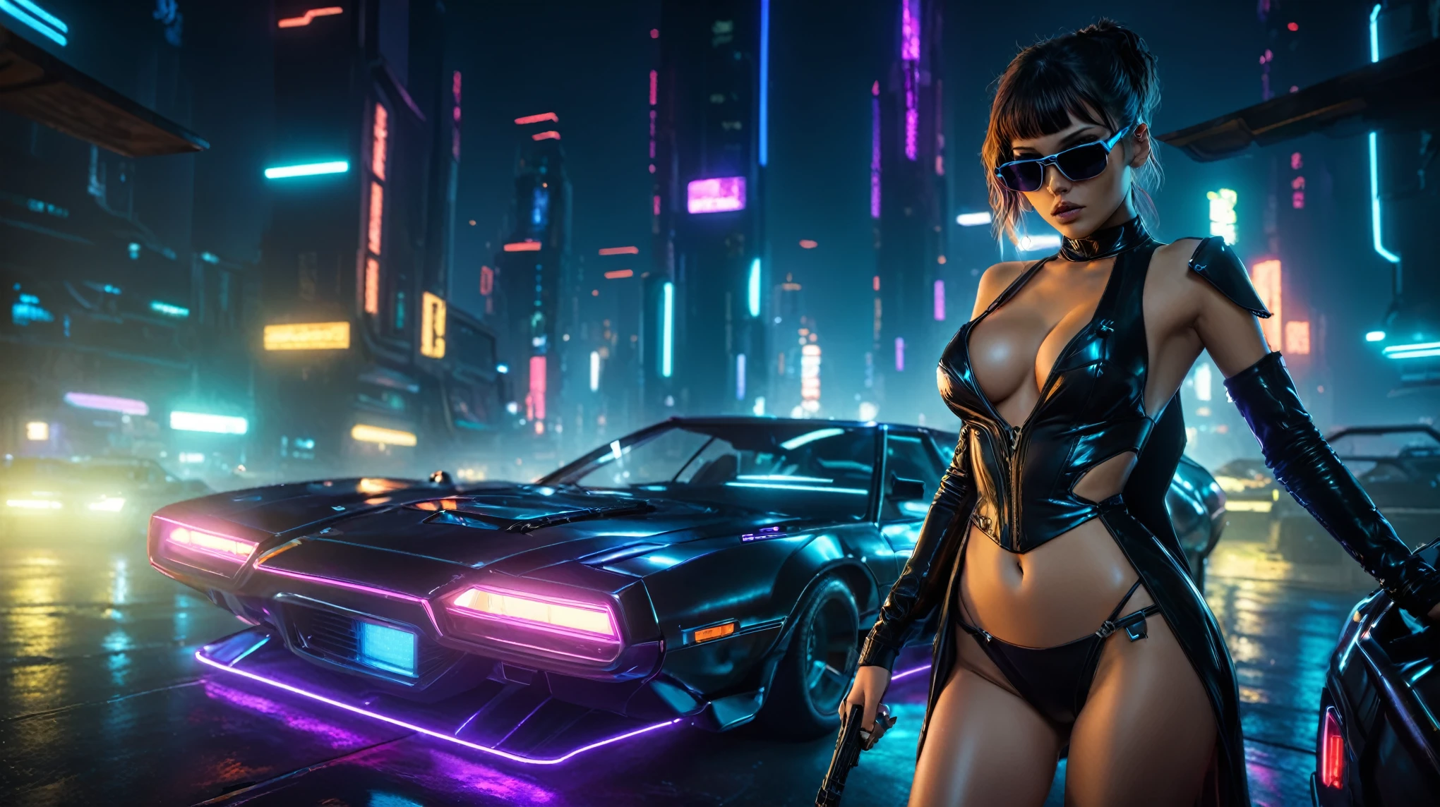 (aerial view), Blade Runner style futuristic cars park, neon lights, at night. (1girl, solo, alone), large-breast:1.2 slim:0.7 body, cleavage:1.1, sexy dress:1.4, black micro sunglasses, holding a pistol:1.8, dynamic pose, half-body thigh level medium shot, cinematic lighting, ray tracing.