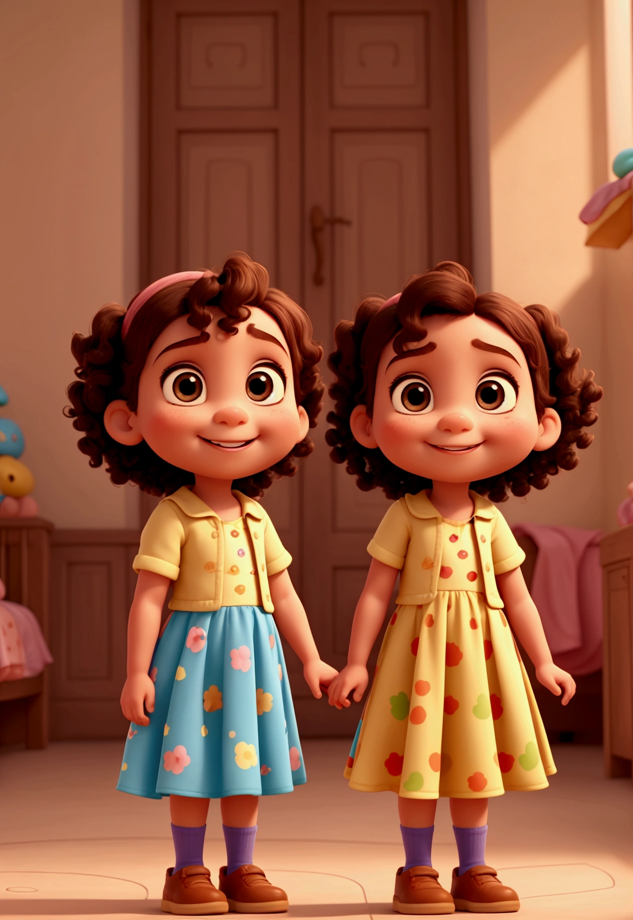 in disney pixar style, two twin baby girls of 2 years old, siting at flor, wearing colorful clothes, both have curly short hair and light brown skin, smiling