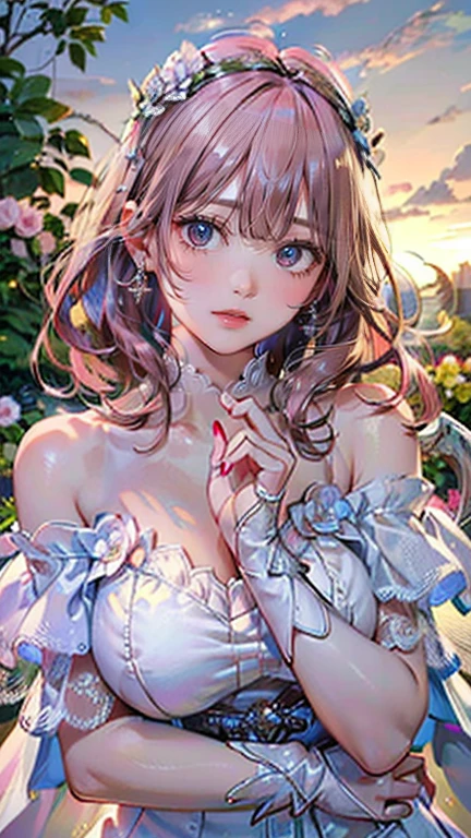 (masterpiece, Highest quality:1.3), (Very detailed:1.2), (hyperRealistic:1.3), (RAW Photos:1.2), High resolution raw color photos, Professional photos, (PhotoRealistic:1.4), (Realistic:1.4), (Pink Hair:1.5), Professional Lighting, Perfect Anatomy, (Big Breasts:1.2), (blush, Detailed face), (smile:1.7), sexy, erotic sexy, ランダムなsexyなグラビアポーズ, (An angel in a white gold off-the-shoulder sundress、so beautiful、Wearing a flower crown and smiling gracefully in a flower field、Pearl Earrings、Pose picking flowers。:1.3)、Archangel Raphael、It has large white wings on its back.、Has the appearance of an angel、Taking the form of an archangel、holding a pink rose in hand
