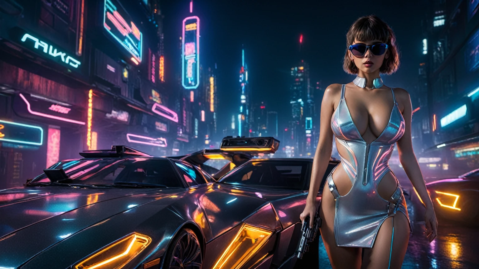 (aerial view), Blade Runner style futuristic cars park, neon lights, at night. (1girl, solo, alone), large-breast:1.2 slim:0.7 body, cleavage:1.1, sexy dress:1.4, black micro sunglasses, holding a pistol:1.8, dynamic pose, half-body thigh level medium shot, cinematic lighting, ray tracing.