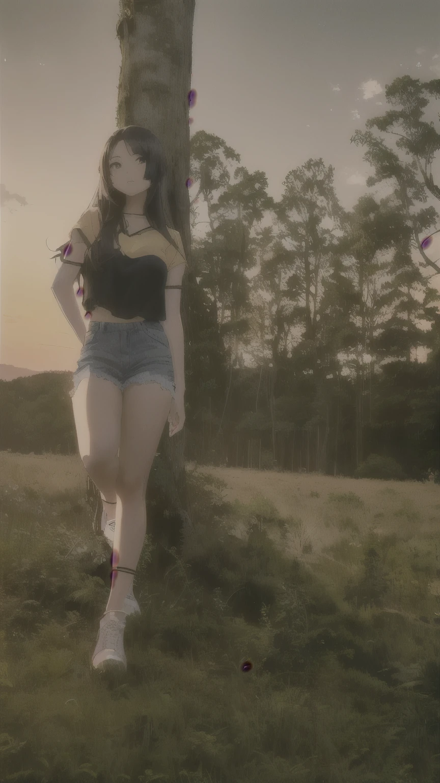 An anime style image of a young woman in a field, in front of a forest background, golden-hour, at the golden hour, casual photography