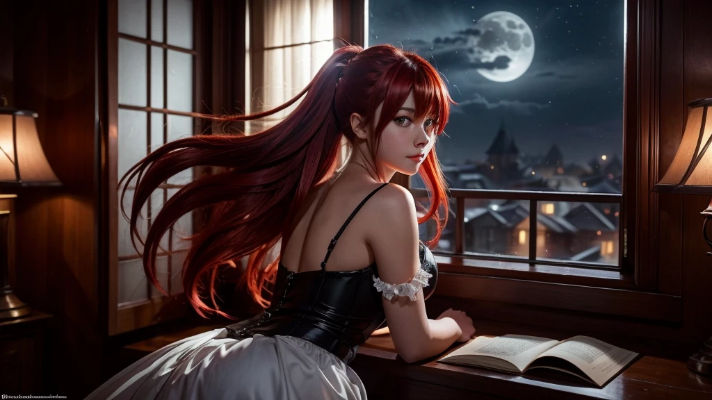 Let your imagination run wild with this interesting and detailed depiction of a girl resembling Rias Gremori, the powerful and stylish character from High School DxD, as she gazes at the enchanting moonlight outside her window.