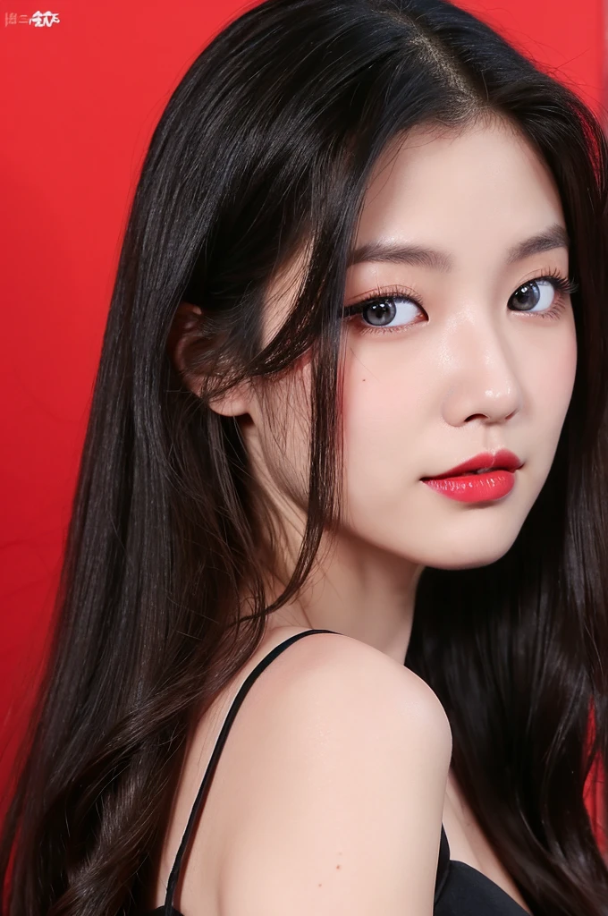 23 year old woman, white skin with long wavy black hair, sleepy blue eyes, red lips with a mole under the mouth, black dress, asian style, Black background